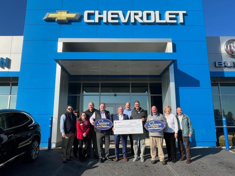 Sussex Supports Beebe Healthcare check presentation attendees shown are (l-r) Chris Diaferio, Amy Mitchell, Kaitlyn Schafer, Ray Logue, MJ Lofland, Tom Protack, Marty Cannon, Charles Burton, Rob Fowler, Kay Young and Guy Christopher. SUBMITTED PHOTO